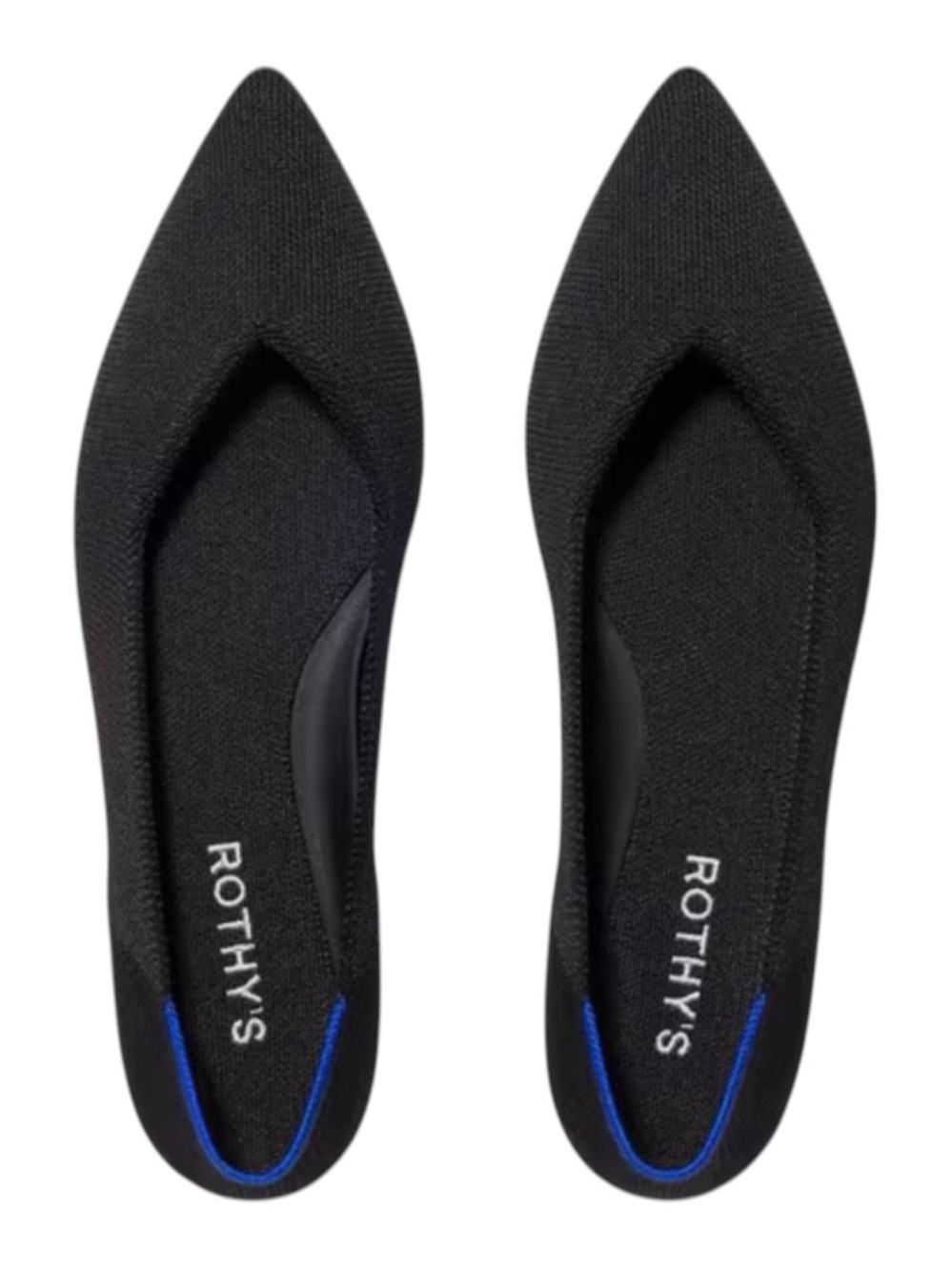 Rothy's Black Pointed Knit Flats with Blue Trim